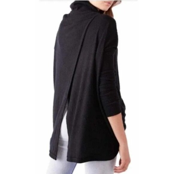 Free People Black Open Back Juicy Long Sleeve Thermal Cowl Neck Top Medium New - Picture 2 of 13